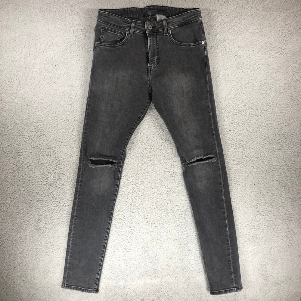 H&M Mens Super Skinny Low Waist Distressed Ripped Knee Jeans Faded Black 32x32